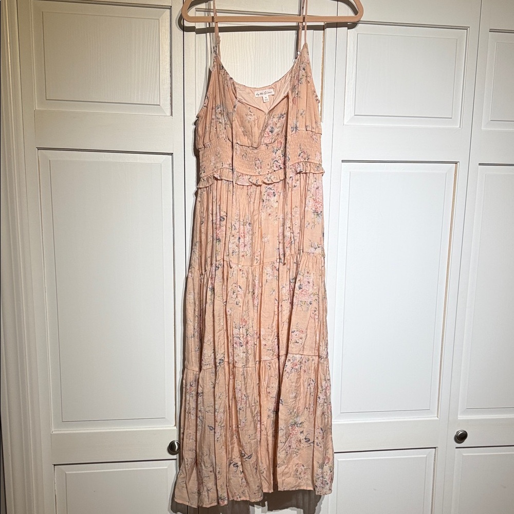 Peach Floral Tiered Midi Slip Dress with Ruffle Detail